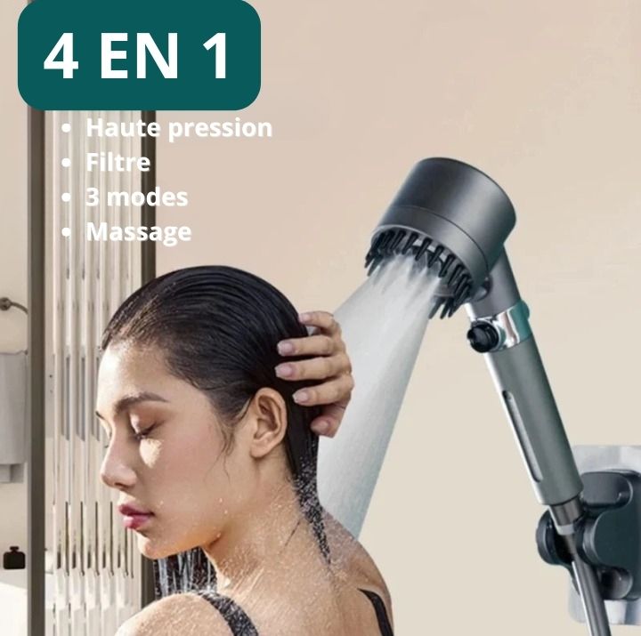 Pommeau de Douche Pressurisé 4 en 1 Réglable Haute Pression et Massage - Discoveri